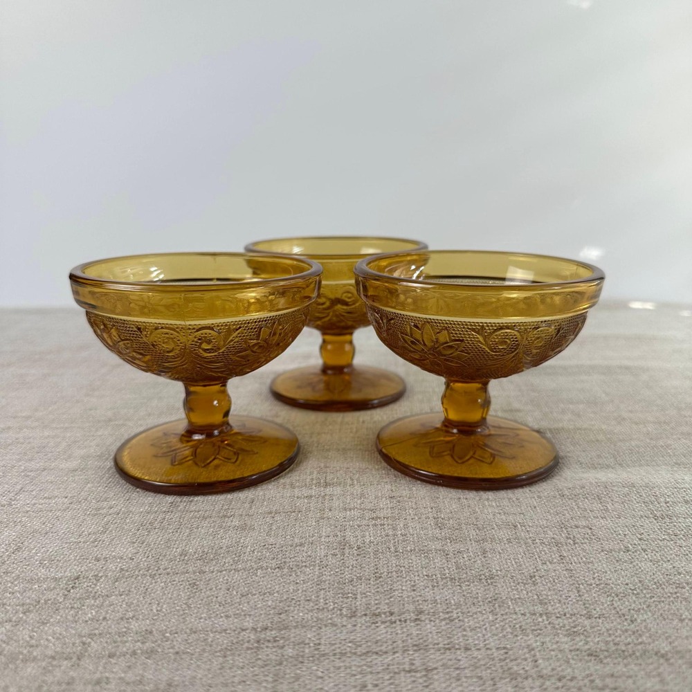 Vintage Tiara Indiana Glass Amber Sandwich Low Sherbet Glasses Set of 3